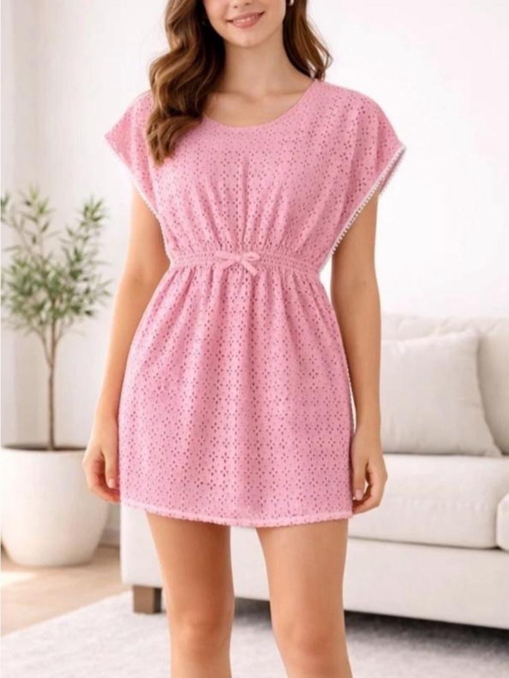 Nicole Miller Cute pink Coquette Cottagecore eyelet lace dress wwhite trim 10